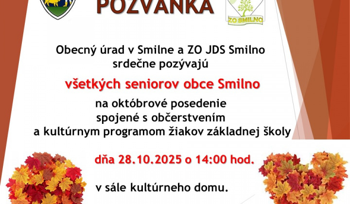 Fotka - Pozvánka na októbrové posedenie seniorov 28.10.2025 o 14:00 hod.